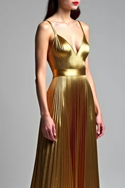 Golden A Line Espaghetti Correias Ruched Prom Dress