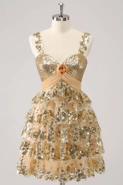 Golden A-Line Spaghetti Straps Sequined Homecoming Vestido com Flor