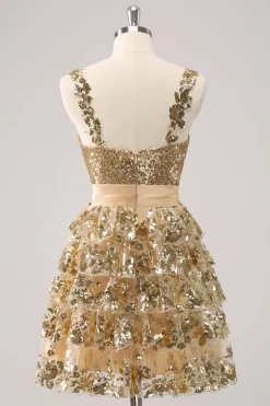 Golden A-Line Spaghetti Straps Sequined Homecoming Vestido com Flor