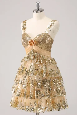 Golden A-Line Spaghetti Straps Sequined Homecoming Vestido com Flor