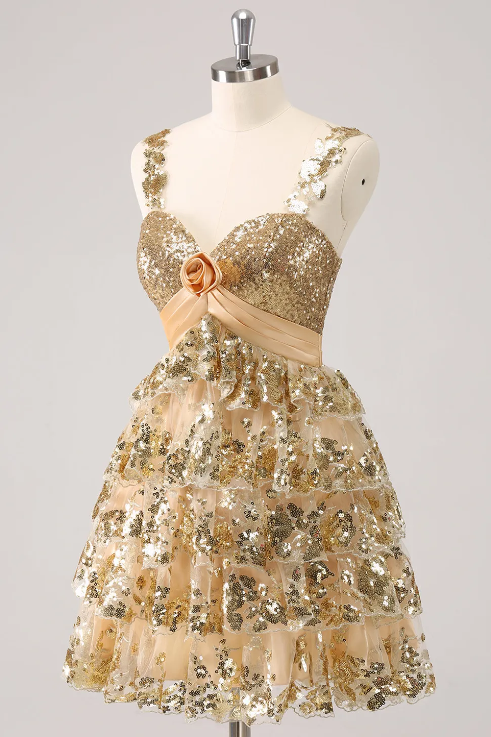 Golden A-Line Spaghetti Straps Sequined Homecoming Vestido com Flor