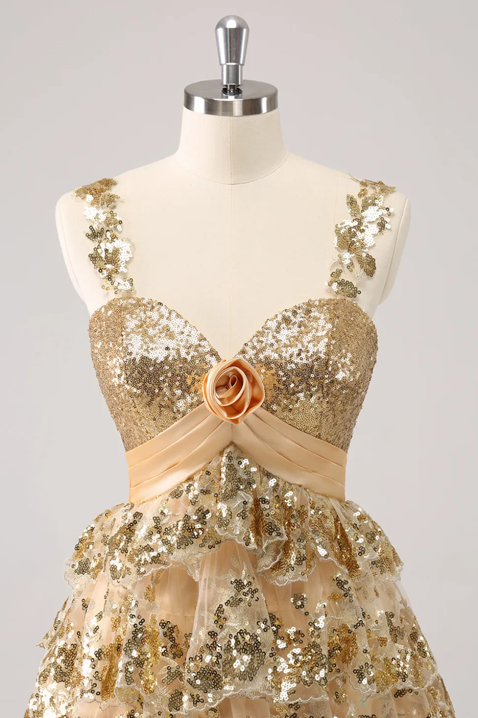 Golden A-Line Spaghetti Straps Sequined Homecoming Vestido com Flor