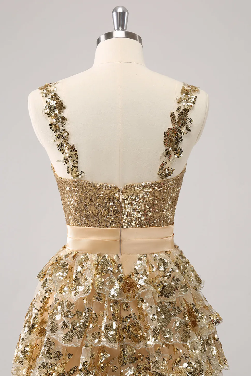 Golden A-Line Spaghetti Straps Sequined Homecoming Vestido com Flor