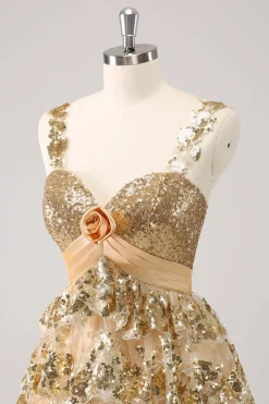 Golden A-Line Spaghetti Straps Sequined Homecoming Vestido com Flor