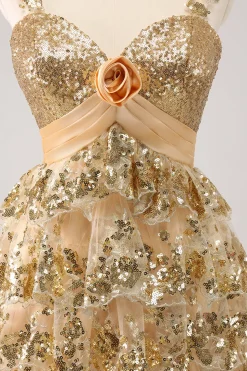Golden A-Line Spaghetti Straps Sequined Homecoming Vestido com Flor