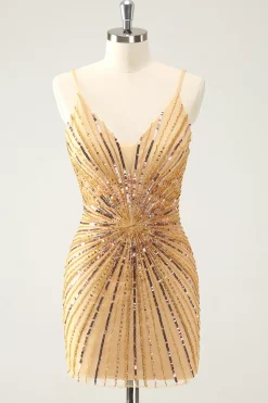Golden Bodycon Esparguete Correias Homecoming Dress com Sequins
