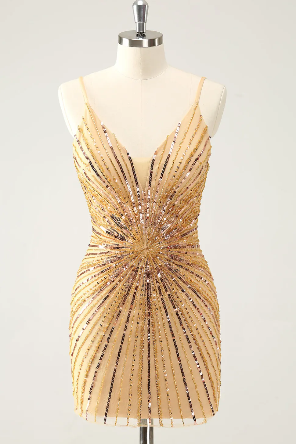 Golden Bodycon Esparguete Correias Homecoming Dress com Sequins
