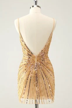 Golden Bodycon Esparguete Correias Homecoming Dress com Sequins