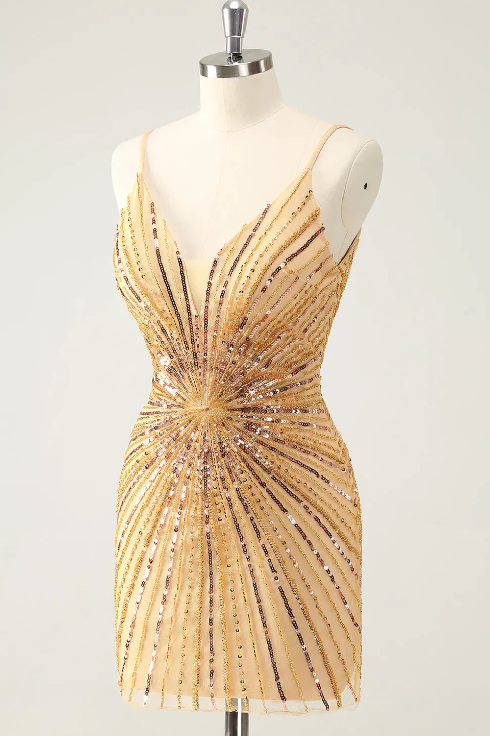 Golden Bodycon Esparguete Correias Homecoming Dress com Sequins
