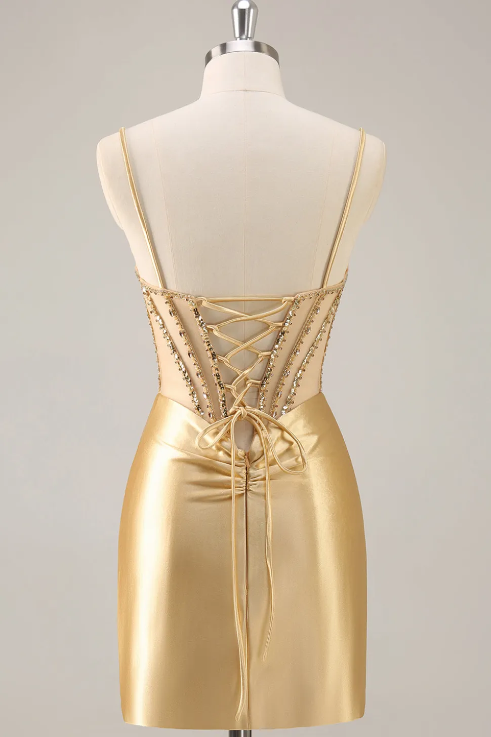 Golden Bodycon Esparguete Correias Corset Frisado Vestido Curto Homecoming
