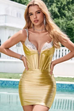 Golden Bodycon Esparguete Correias Corset Lace Up Back Homecoming Dress com Sequins