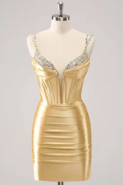 Golden Bodycon Esparguete Correias Corset Lace Up Back Homecoming Dress com Sequins