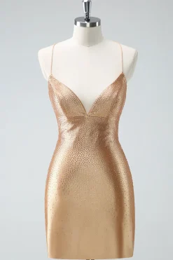 Golden Bodycon Esparguete Correias Ruched Missanga Homecoming Dress com renda para trás