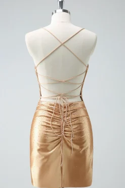 Golden Bodycon Esparguete Correias Ruched Missanga Homecoming Dress com renda para trás