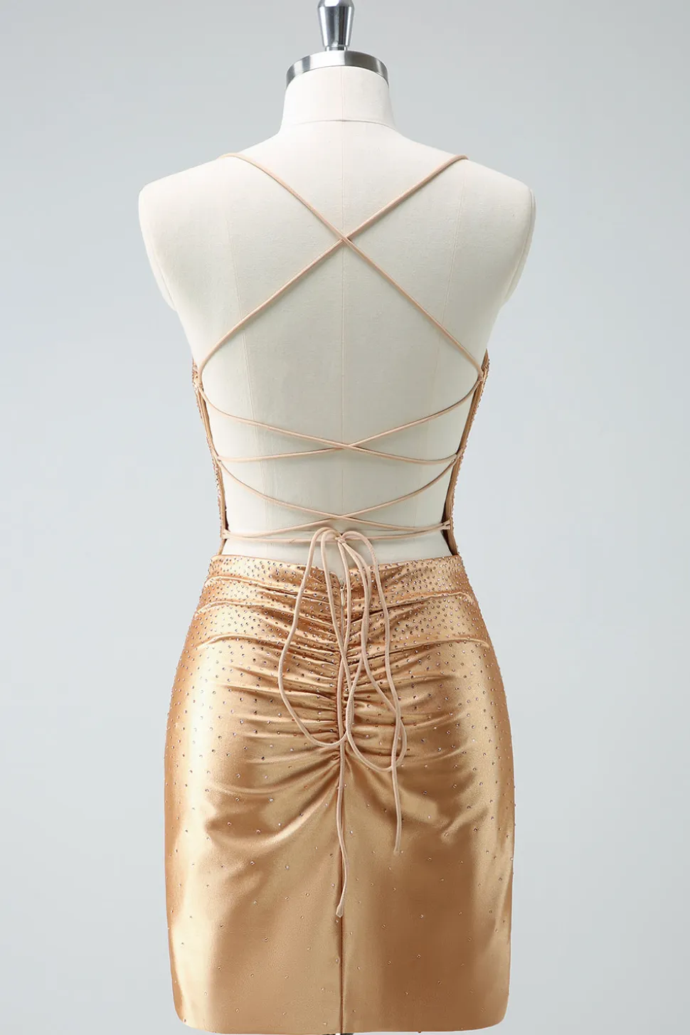 Golden Bodycon Esparguete Correias Ruched Missanga Homecoming Dress com renda para trás