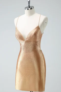 Golden Bodycon Esparguete Correias Ruched Missanga Homecoming Dress com renda para trás