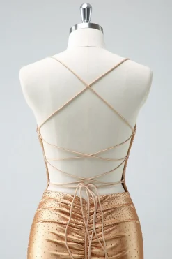 Golden Bodycon Esparguete Correias Ruched Missanga Homecoming Dress com renda para trás