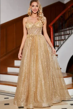 Golden Glitter Corset Long Prom Dress com flores