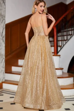 Golden Glitter Corset Long Prom Dress com flores
