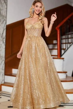Golden Glitter Corset Long Prom Dress com flores