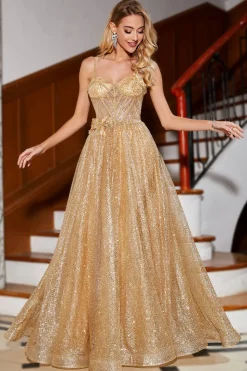 Golden Glitter Corset Long Prom Dress com flores