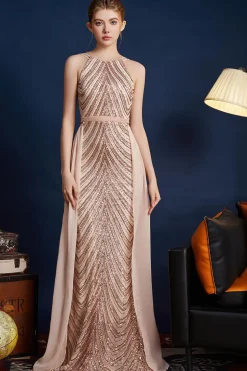 Golden Glitter Uma Linha Esparguete Correias Frisado Vestido Longo Baile