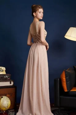 Golden Glitter Uma Linha Esparguete Correias Frisado Vestido Longo Baile
