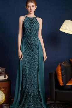 Golden Glitter Uma Linha Esparguete Correias Frisado Vestido Longo Baile