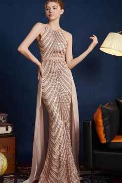 Golden Glitter Uma Linha Esparguete Correias Frisado Vestido Longo Baile