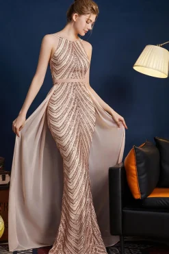Golden Glitter Uma Linha Esparguete Correias Frisado Vestido Longo Baile