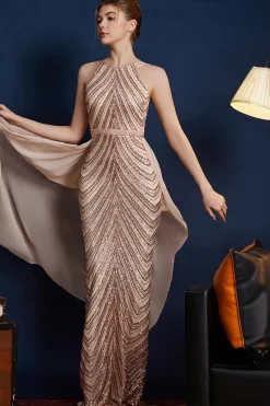 Golden Glitter Uma Linha Esparguete Correias Frisado Vestido Longo Baile