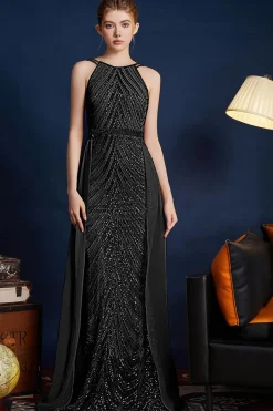 Golden Glitter Uma Linha Esparguete Correias Frisado Vestido Longo Baile