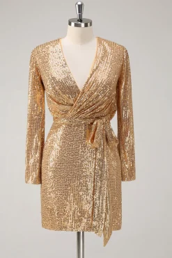 Golden Glitter V Pescoço Curto Apertado Vestido de Festa