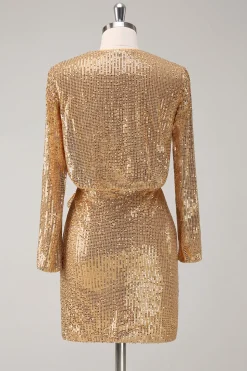 Golden Glitter V Pescoço Curto Apertado Vestido de Festa