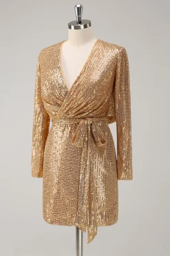 Golden Glitter V Pescoço Curto Apertado Vestido de Festa