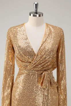 Golden Glitter V Pescoço Curto Apertado Vestido de Festa