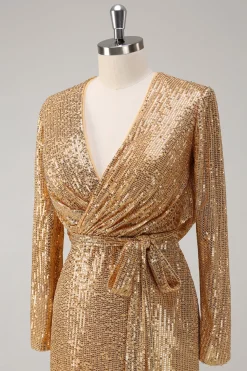 Golden Glitter V Pescoço Curto Apertado Vestido de Festa
