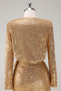 Golden Glitter V Pescoço Curto Apertado Vestido de Festa
