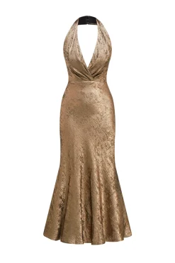 Golden Halter Neck Sereia Cetim Midi Cocktail Dress
