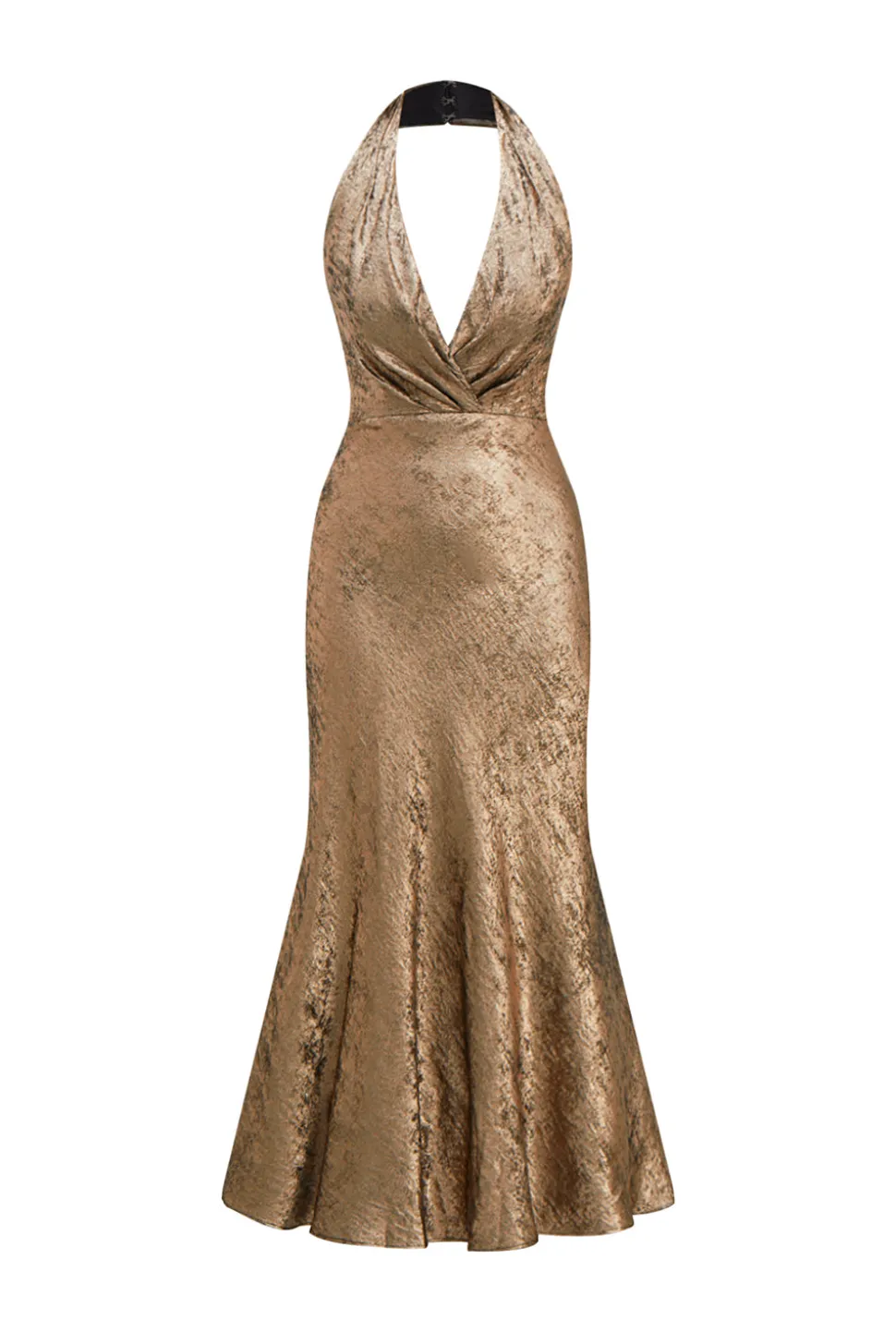 Golden Halter Neck Sereia Cetim Midi Cocktail Dress