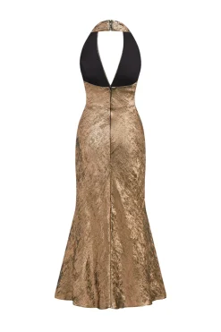 Golden Halter Neck Sereia Cetim Midi Cocktail Dress
