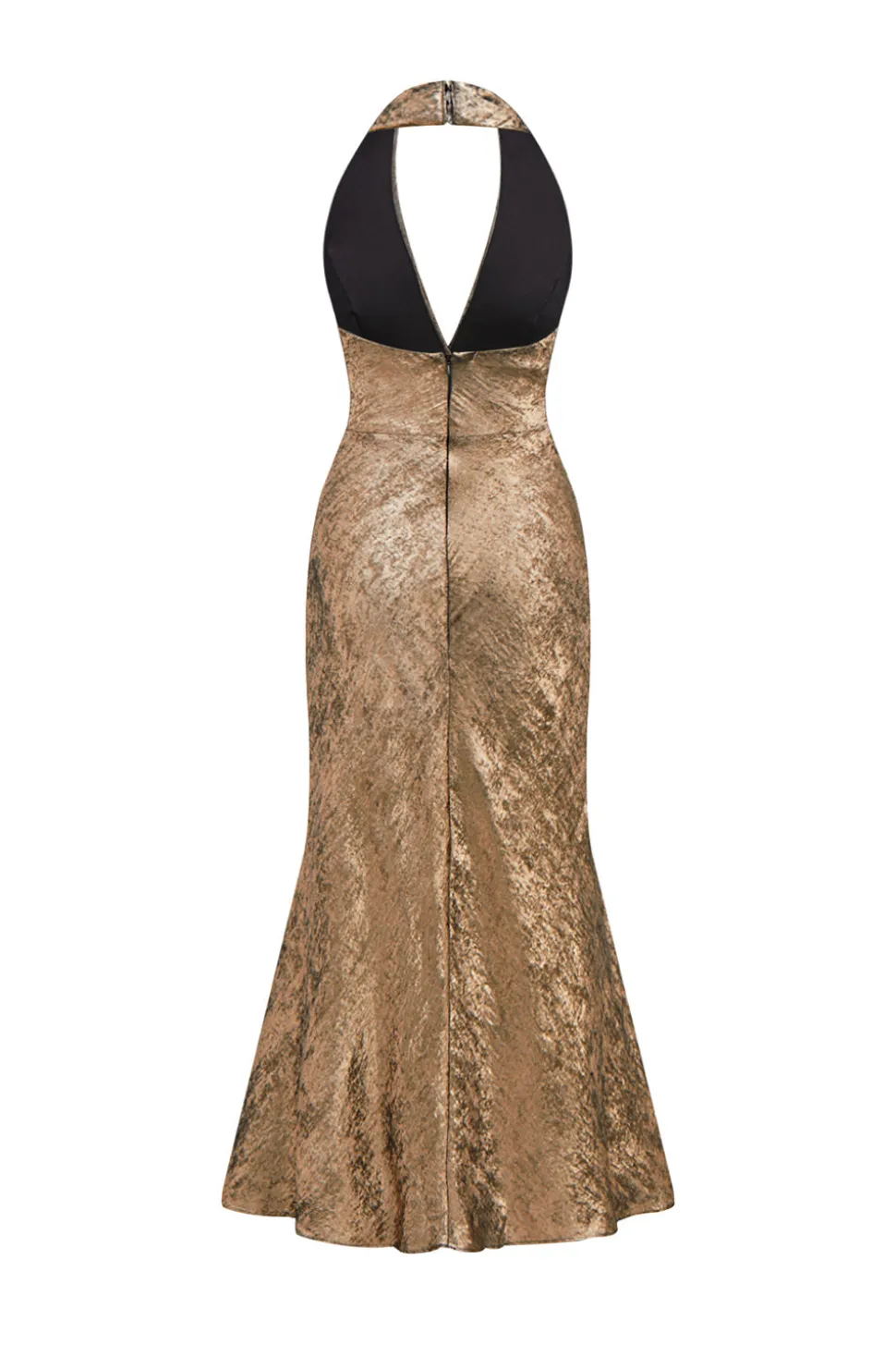 Golden Halter Neck Sereia Cetim Midi Cocktail Dress