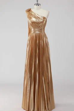 Golden Metallic Satin Um Ombro A-Line Vestido Formal