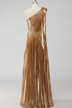 Golden Metallic Satin Um Ombro A-Line Vestido Formal