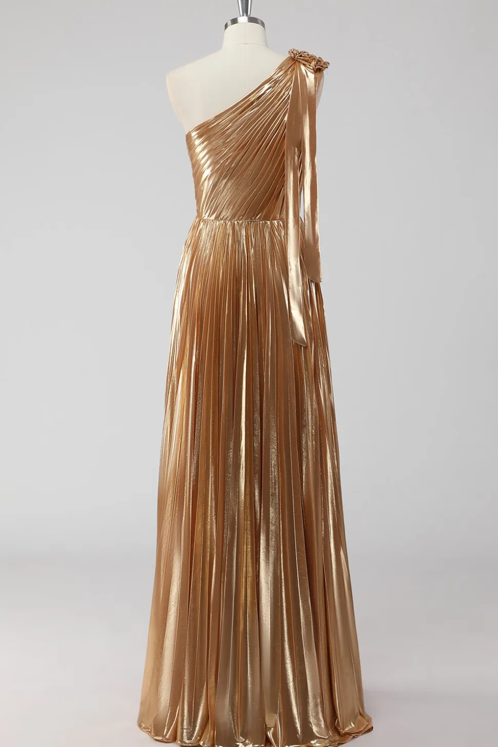 Golden Metallic Satin Um Ombro A-Line Vestido Formal