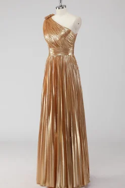 Golden Metallic Satin Um Ombro A-Line Vestido Formal