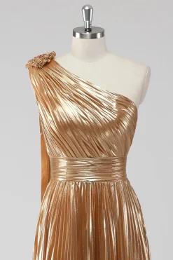 Golden Metallic Satin Um Ombro A-Line Vestido Formal