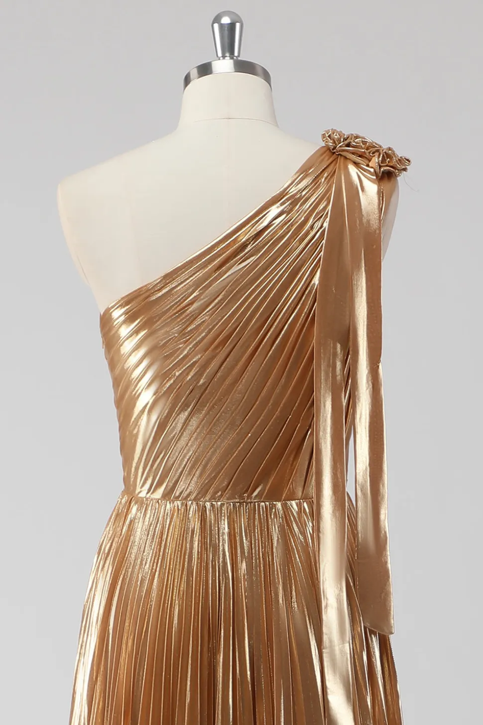 Golden Metallic Satin Um Ombro A-Line Vestido Formal