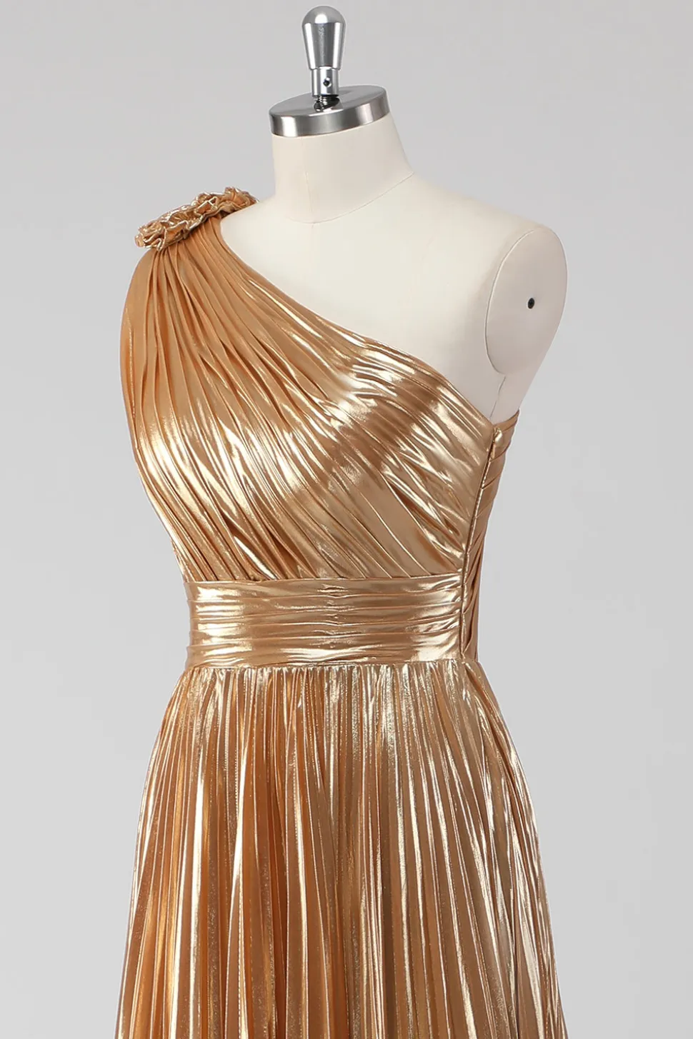 Golden Metallic Satin Um Ombro A-Line Vestido Formal