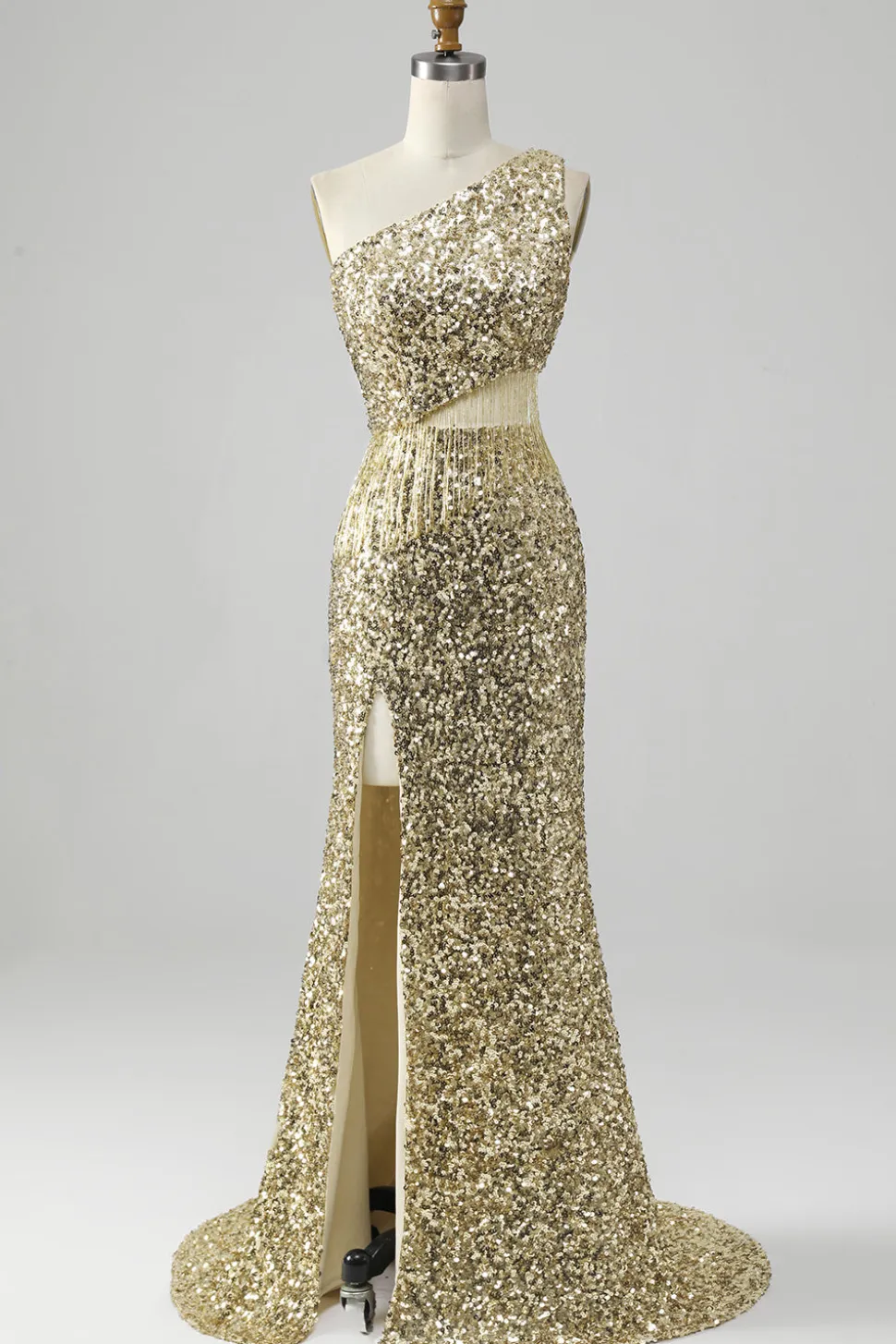 Golden One Shoulder Fringe Vestido de Baile de Lantejoulas Com Fenda